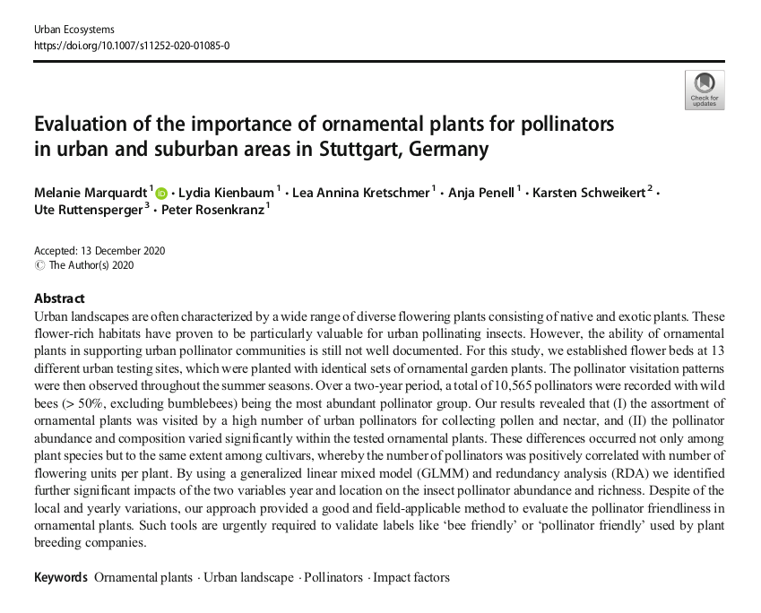 Artikel: Evaluation of the importance of ornamental plants for pollinators in urban and suburban areas in Stuttgart, Germany