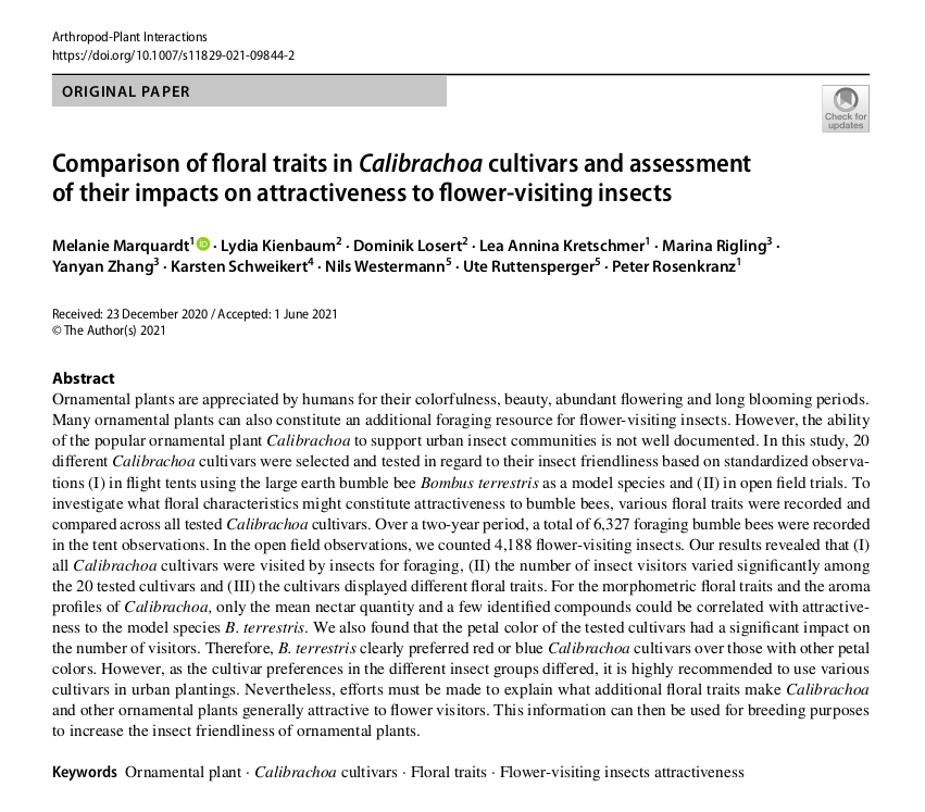 Artikel: Comparison of floral traits in Calibrachoa cultivars and assessment of their impacts on attractiveness to flower‑visiting insects