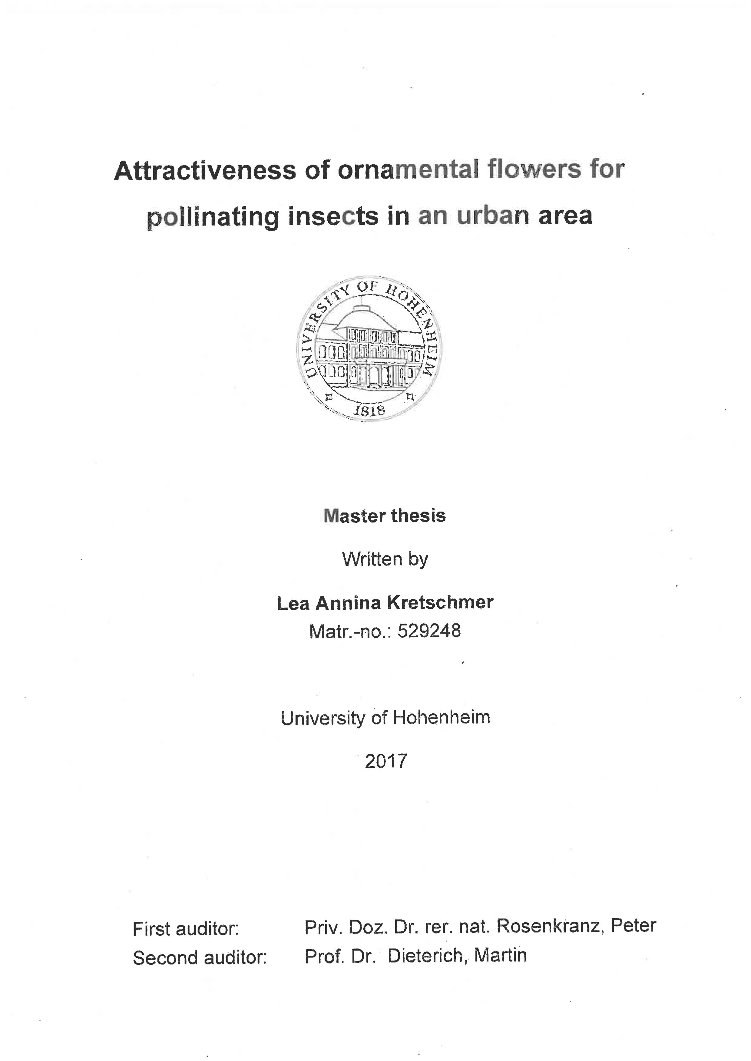 Attractiveness of ornamental flowers for pollinating insects in an urban area. Master thesis University of Hohenheim