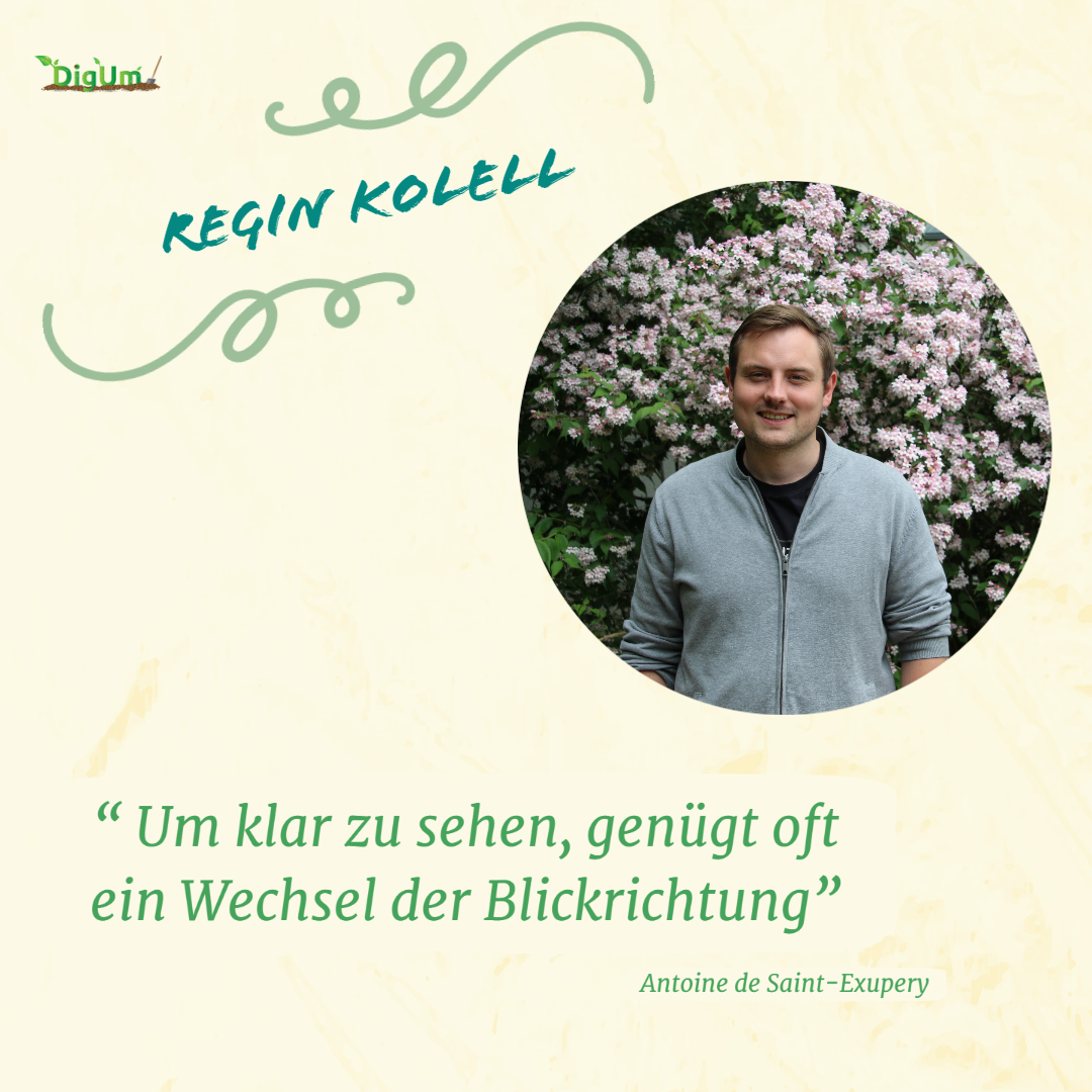 Hier ist ein Portrait von Regin Kolell zu sehen, sowie das Zitat "Um klar zu sehen, genügt oft ein Wechsel der Blickrichtung" von Antoine de Saint-Exupery
