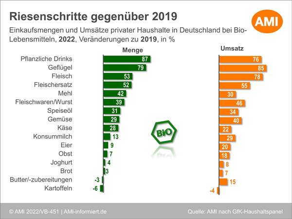 Hier ist eine Grafik abgebildet, welche die Einkaufsmengen und Umsätze privater Haushalte von 2019 und 2022 vergleicht. Insgesamt sind sie über dieser Zeit gestiegen. 